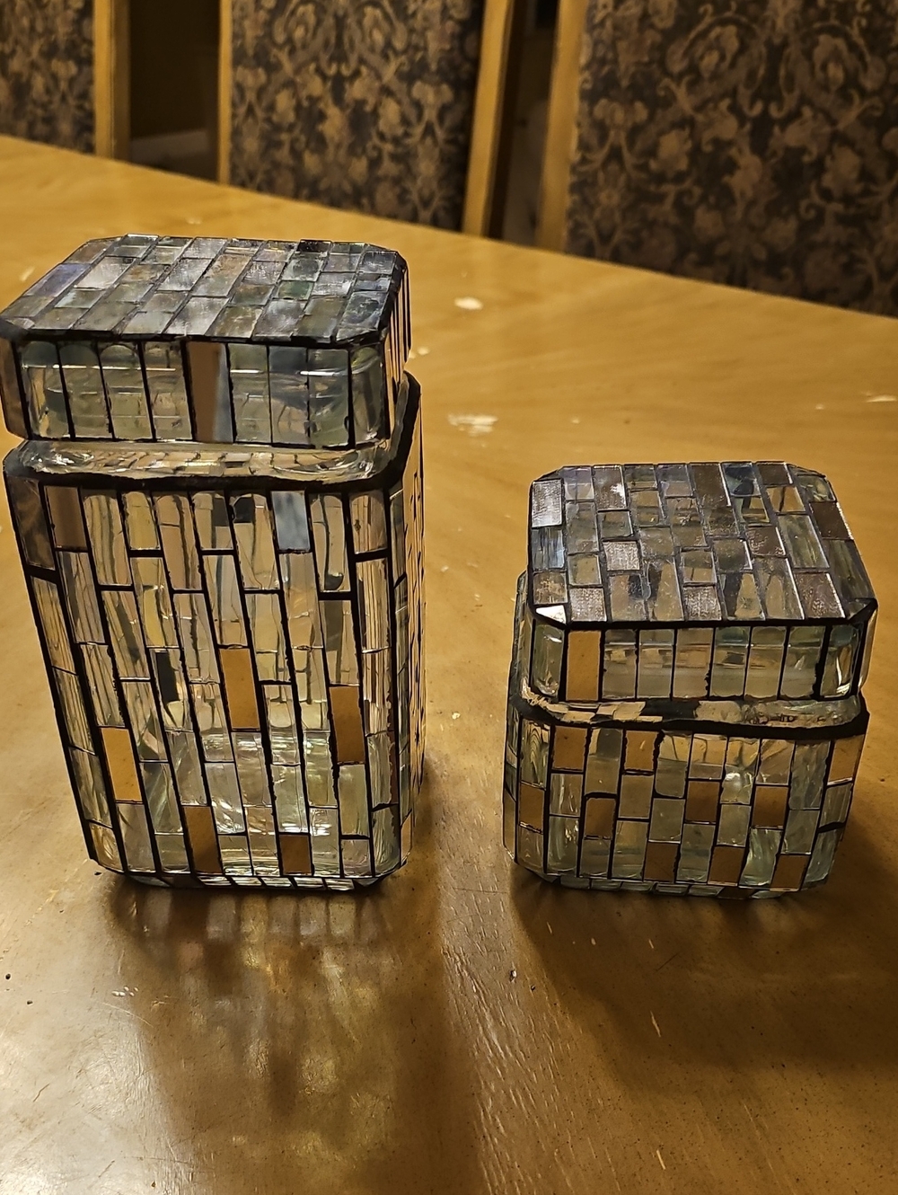 2 Mosaic Glass Decorative Canister Set - Iridescent Neutral Tones 8" H 5"H